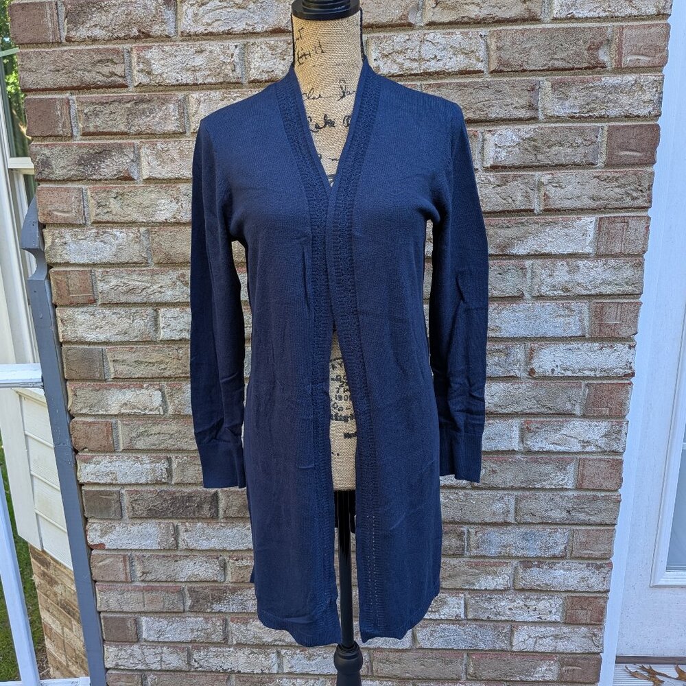 ⭐ LOFT Outlet Women's Size Small Navy Blue Open-Front Pointelle Duster Cardigan